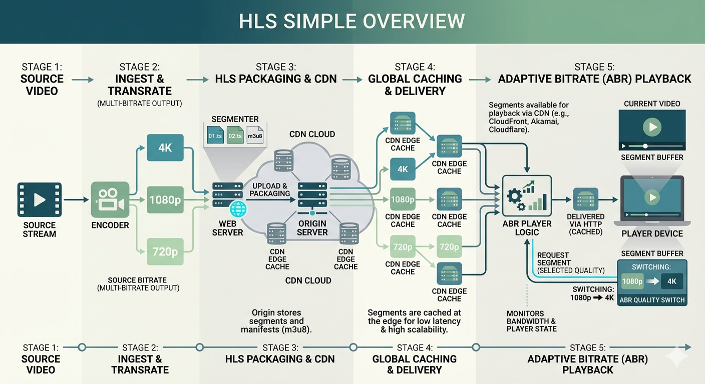 Gemini Generated: HLS Simple Overview — from source video to adaptive bitrate playback across CDN edge caches